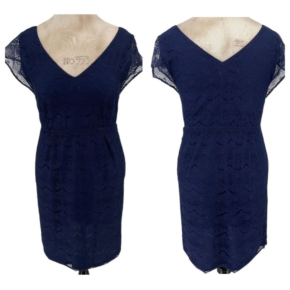 Fossil Penny Lace Dress M Bohemian Cap Sleeve V-Neck Elastic Waist Scallop Navy - Picture 2 of 11
